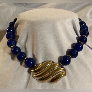 AVON Gold Swirl and Blue Beaded Necklace